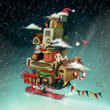 Holiday Greeting Card Or Poster With  Hurtling Christmas Fantasy House With Gifts. 