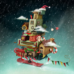 Holiday greeting card or poster with  hurtling Christmas fantasy house with gifts. 