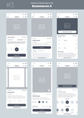 Wall Mural - Wireframe kit for mobile phone. Mobile App UI, UX design. New OS Ecommerce Product. Category, Name of product, size, color, prices and details screens. Choose and buy a product.
