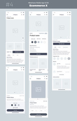 Wall Mural - Wireframe kit for mobile phone. Mobile App UI, UX design. New OS Ecommerce Product. Category, Name of product, size, color, prices, details and comments screens. Choose and buy a product.