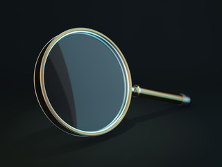 Magnifying glass isolated on dark background. 3D