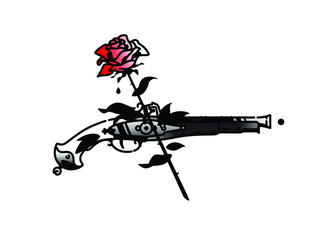 Tattoo of an old pistol and roses. Vector. Vintage tattoo in the style of the American old school. Image is isolated on white background. Contour color pattern. Illustration for packing and caps.