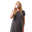 © luismolinero - Middle-age blonde woman drinking hot coffee in takeaway paper cup on isolated white background