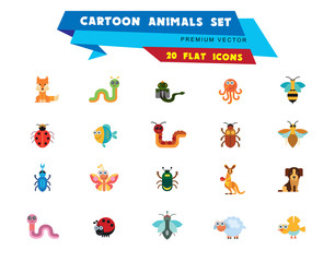 Sticker - Cartoon animals icons set. Kangaroo, pig, bat, bee, fish. Fauna concept. Can be used for topics like nature, wildlife, wilderness, cattle