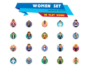 Canvas Print - Women vector icon set. Doctor, excited, drinking, in glasses, Indian. Characters concept. Can be used for topics like occupation, race, activity, look, emotion