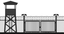 Checkpoint, Prison Tower, Protection Territory, Watchtower, State Border,military Base. Street Camera On The Pillar. Block Post, Gate. Fence Wire Mesh Barbed Wire, Seamless Vector Silhouette