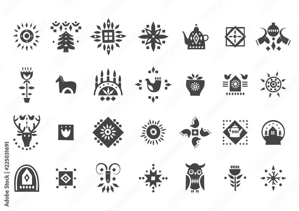 Vector set of black Christmas icons in scandinavian style. - obrazy, fototapety, plakaty 
