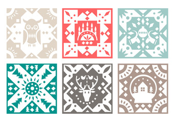 Wall Mural - Set of original monochrome square tiles with folk rustic patterns. For Christmas design.