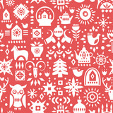 Vector Christmas seamless pattern. White festive symbols on a red background.
