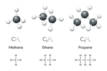Wall Mural - methane, ethane, propane. molecule ball-and-stick models and chemical formulas. organic chemical com