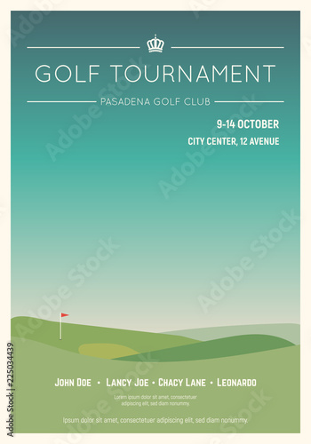 Retro style golf club poster. Blue sky and green golf field. Golfclub competition poster. Championship or tournament text placeholder. Template for golf competition or championship event. © ikonstudio