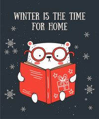 Vector line drawing postcard with cute winter bear and cozy slogan in flat design