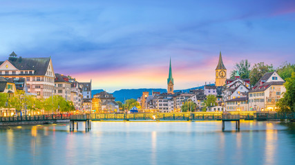 Poster - Beautiful view of historic city center of Zurich at sunset