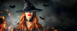 © Subbotina Anna - Halloween. Sexy witch portrait. Beautiful young woman in witches hat with long curly red hair