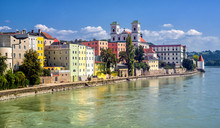Colorful Traditional Houses On Inn River In Historical Old Town Passau, Germany