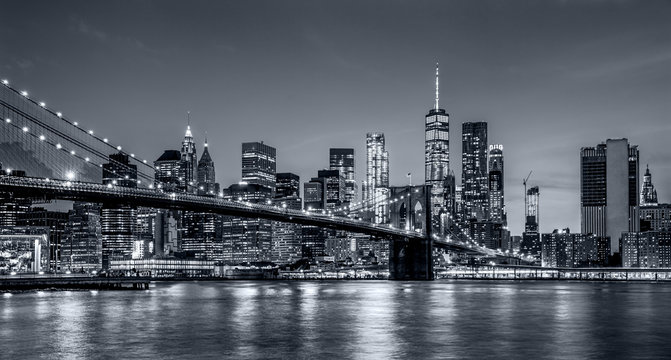 panorama new york city at night in monochrome blue tonality