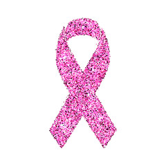 Pink ribbon. Pink glitter ribbon symbol of breast cancer awareness on white background