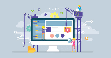 Under Construction Page Tiny People Character Concept Vector Illustration, Suitable For Wallpaper, Banner, Background, Card, Book Illustration, Web Landing Page, and Other Related Creative