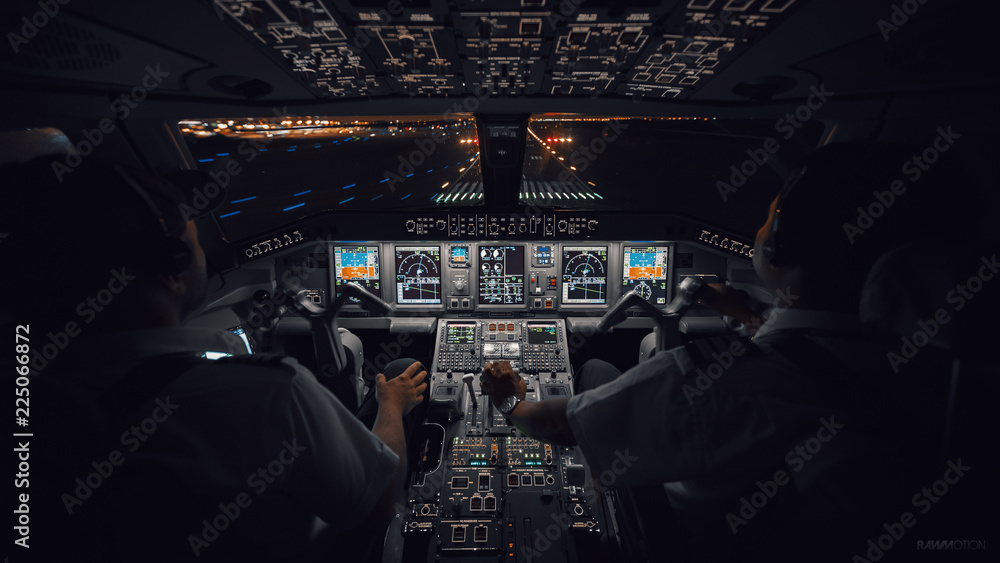 Modern Aircraft Cockpit Night Landing - obrazy, fototapety, plakaty 
