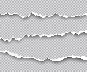 Vector set of torn paper edges with shadows isolated on transparent background