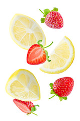 Wall Mural - Flying Lemon slices with strawberry slices