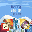 Season motivation quote Enjoy winter outdoors.. Cute comic dogs in sport hats, glasses with mountain skies. Colorful playful cartoon. Funny skiers. Leisure activity on nature vector illustration