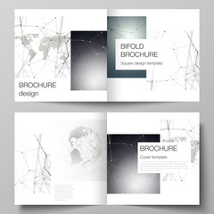 Vector layout of two covers templates for square design bifold brochure, flyer. Futuristic geometric design with world globe, connecting lines and dots. Global network connections, technology concept.