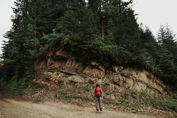 Wall Mural - Beauty of nature. Full length back view portrait of girl with backpack standing on the road and observing hillside in the forest