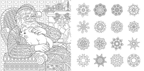 Wall Mural - Xmas coloring pages with Santa Claus and snowflakes set