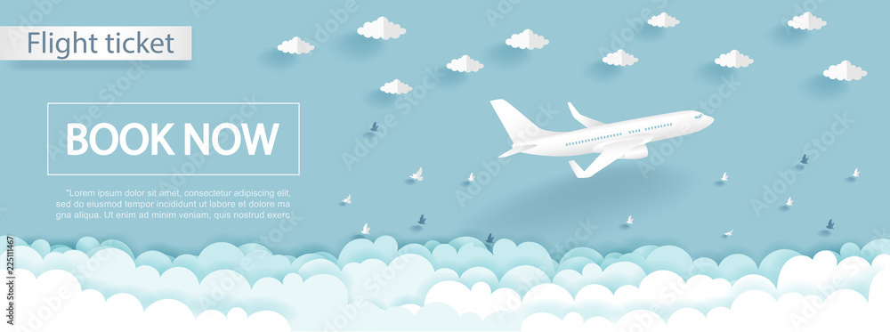 Travel and flight ticket advertising template with airplane in the sky, colorful background in paper cut style vector illustration. - obrazy, fototapety, plakaty 