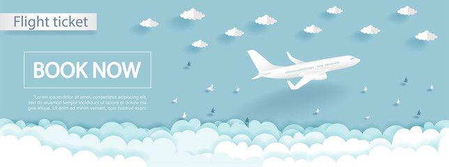 travel and flight ticket advertising template with airplane in the sky, colorful background in paper