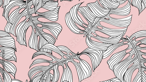 Floral seamless pattern, black and white split-leaf Philodendron plant on pin...