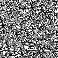 seamless repeating pattern with silhouettes of palm tree leaves in black on white background.