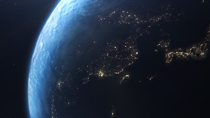 Poster - Earth rotation focusing on Asian countries moving from daylight to night side with the define terminator grey line from illuminated and darkness side