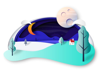 Aufkleber - Night sky and nature landscape scenery with house and mountains paper cut abstract background.Vector illustration.