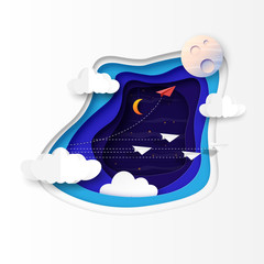 Aufkleber - Paper airplanes teamwork flying on night sky scenery paper cut abstract background.Vector illustration.