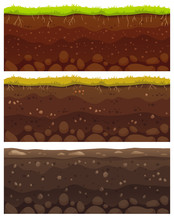 Seamless Soil Layers. Layered Dirt Clay, Ground Layer With Stones And Grass On Dirts Cliff Texture Vector Pattern
