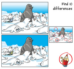 Wall Mural - Group of happy baby seals are playing. Find 10 differences. Educational game for children. Cartoon vector illustration