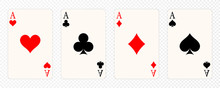 Set Of Four Aces Playing Cards Suits. Winning Poker Hand. Set Of Hearts, Spades, Clubs And Diamonds Ace