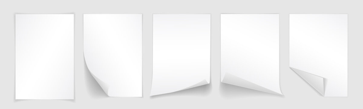 blank a4 sheet of white paper with curled corner and shadow, template for your design. set. vector i