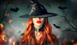 © Subbotina Anna - Halloween. Sexy witch portrait. Beautiful young woman in witches hat with long curly red hair