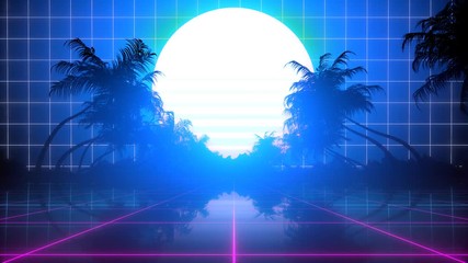 Wall Mural - 80's style seamlessly looping 3D moon animation with palm trees
