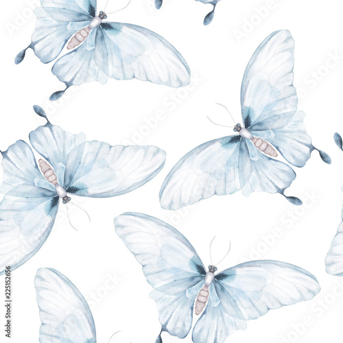 Watercolor seamless pattern. Vintage butterfly. Hand drawn illustration