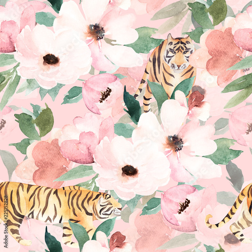 Watercolor seamless pattern. Floral print with tiger.
