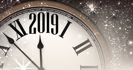Shiny 2019 New Year background with clock.