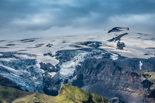 The Top Of The Eyjafjallajokull Glacier And Volcano  From Thorsmork In The Highlands Of Iceland At Southern End Of The Famous Laugavegur Hiking Trail.