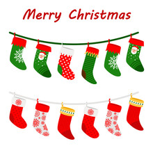 Colorful Christmas Socks Garlands Isolated On White Background, Vector Illustration