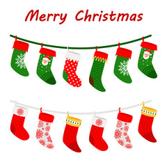 Wall Mural - Colorful Christmas socks garlands isolated on white background, vector illustration