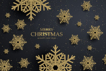 Black Christmas Background With Golden Snowflakes. Vector Illustration