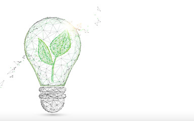 Fototapete - Light Bulb with green plant form lines, triangles and particle style design. Illustration vector